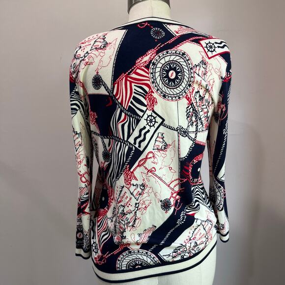 Talbots Printed Sea Map Cardigan Sweater Button Front Long Sleeve Career Sz M - Picture 4 of 8